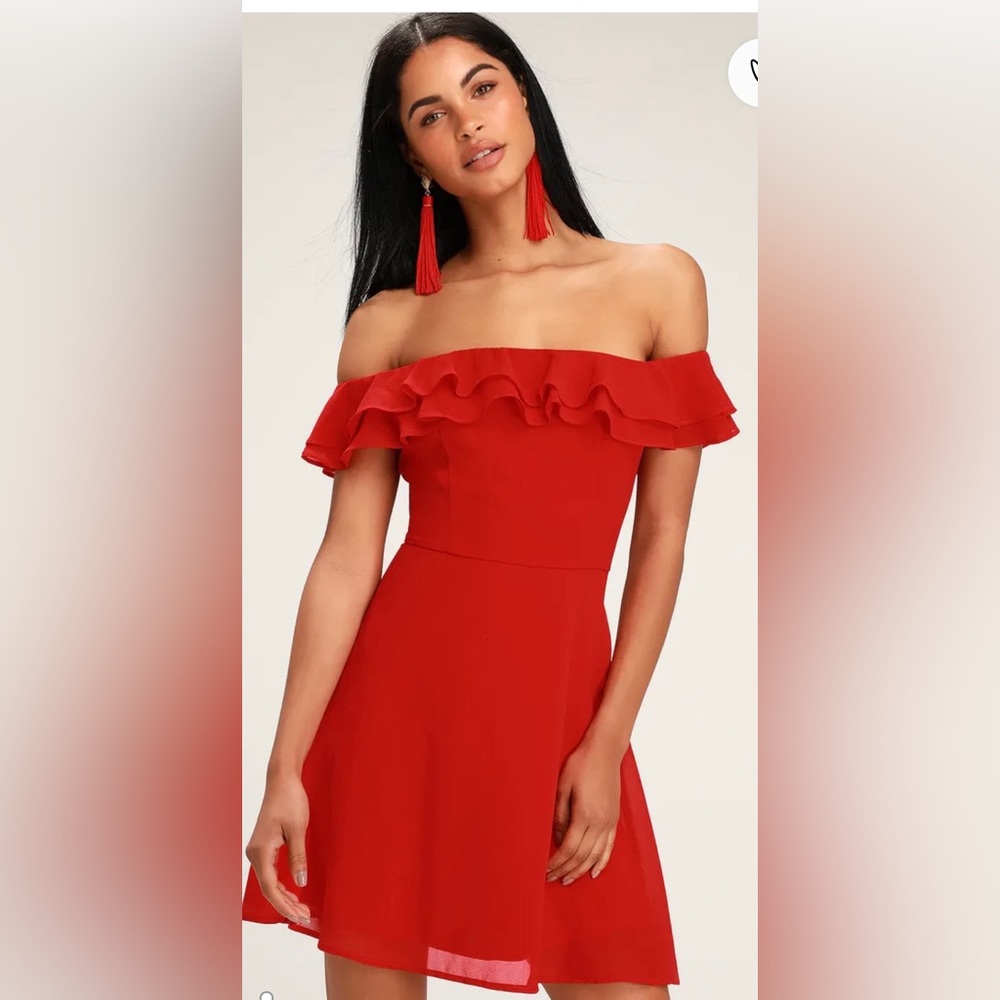 NWT Lulu’s Win Your Heart Red Ruffle Off-the-Shoulder Skater Dress size XS